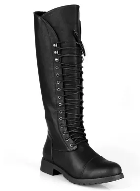 Black Vegan Leather Toe Cap Lace-Up Knee High Women's Riding Boots