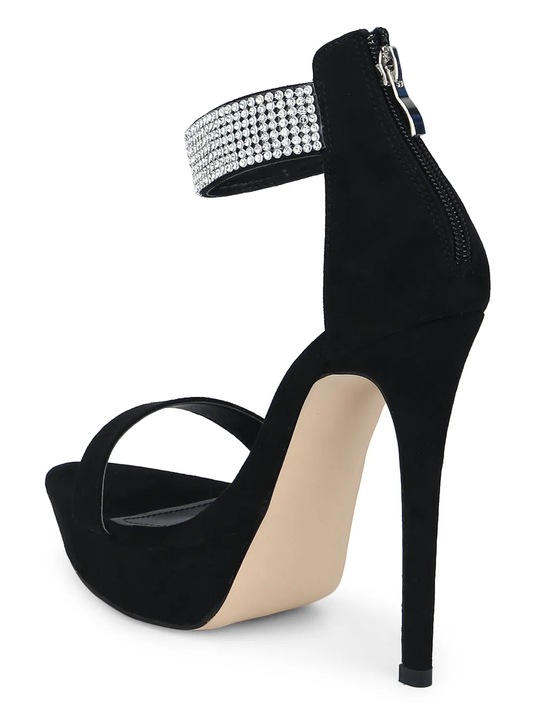 Black Micro Diamante Ankle Strap Platform Stilettos