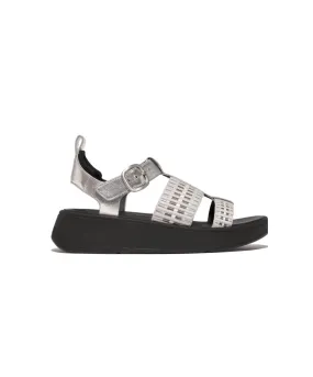 Fitflop F-Mode Leather/Webbing Flatform Fisherman Sandals Silver