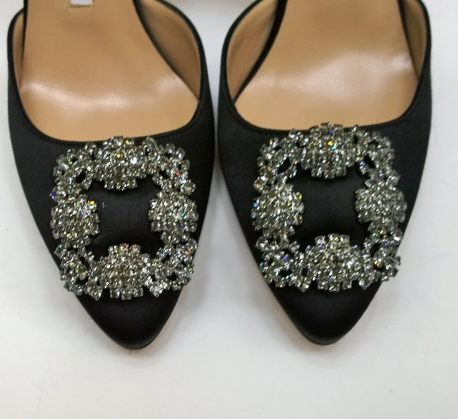 Manolo Blahnik Hangisi 70 Black Satin Rhinestone Buckle Slingback Heels