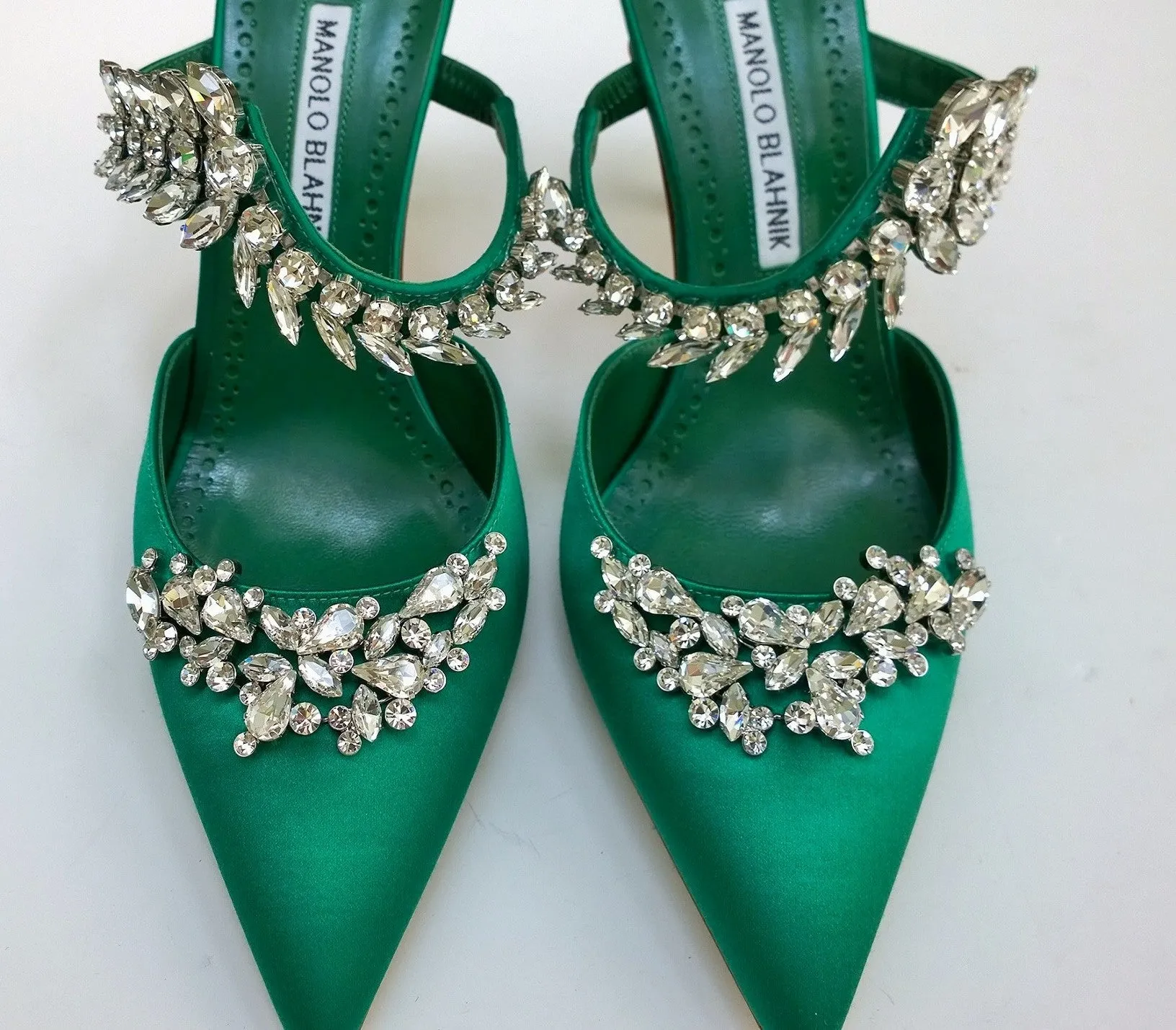 Manolo Blahnik Lurum 90 Bright Green Satin and Rhinestone Heels Strass Mules