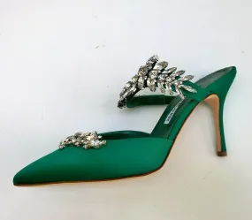 Manolo Blahnik Lurum 90 Bright Green Satin and Rhinestone Heels Strass Mules