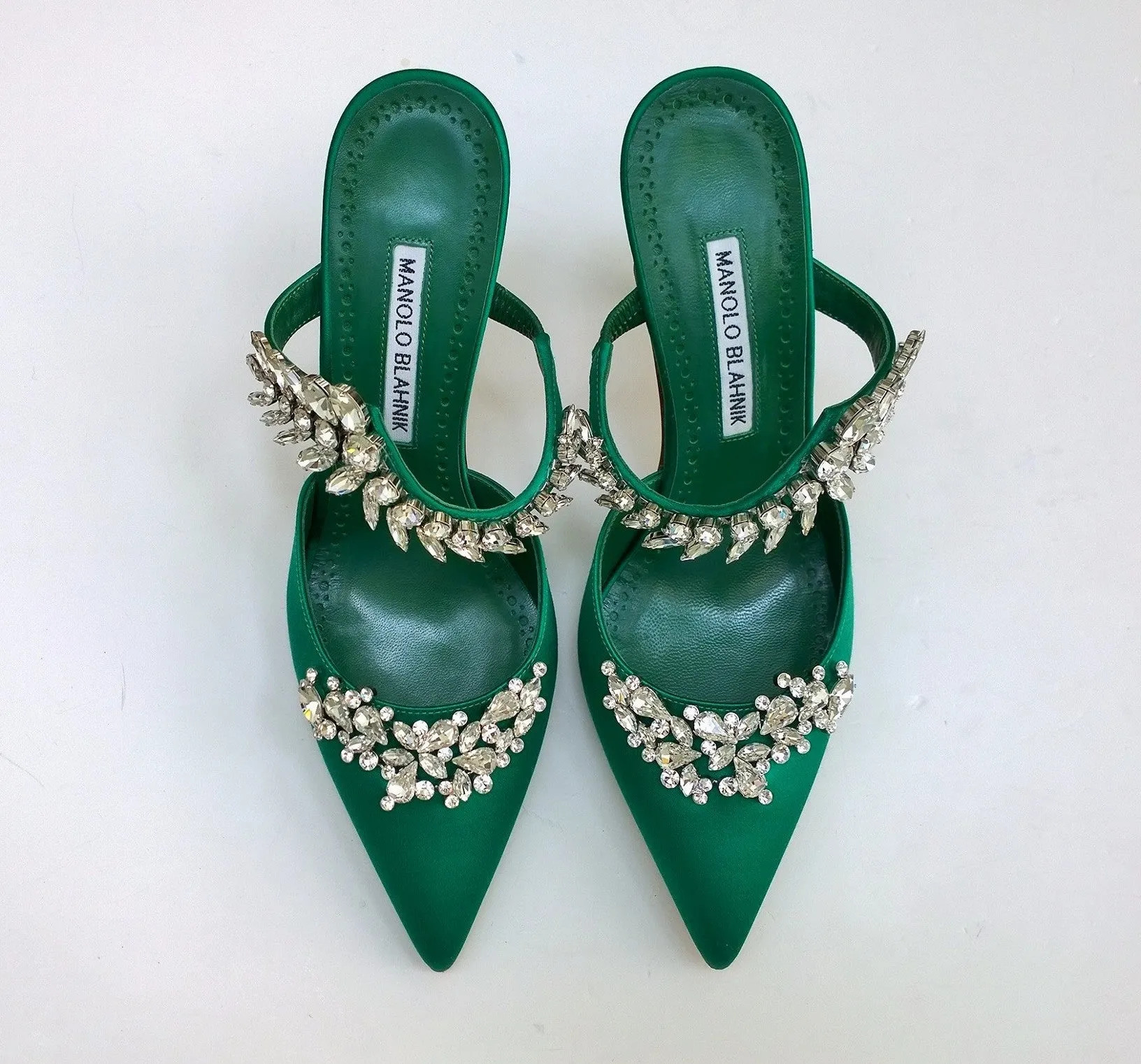 Manolo Blahnik Lurum 90 Bright Green Satin and Rhinestone Heels Strass Mules