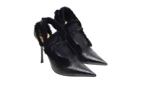 Roberto Cavalli - Black Leather Pointed Toe Heels with Fur Trim - IT 39