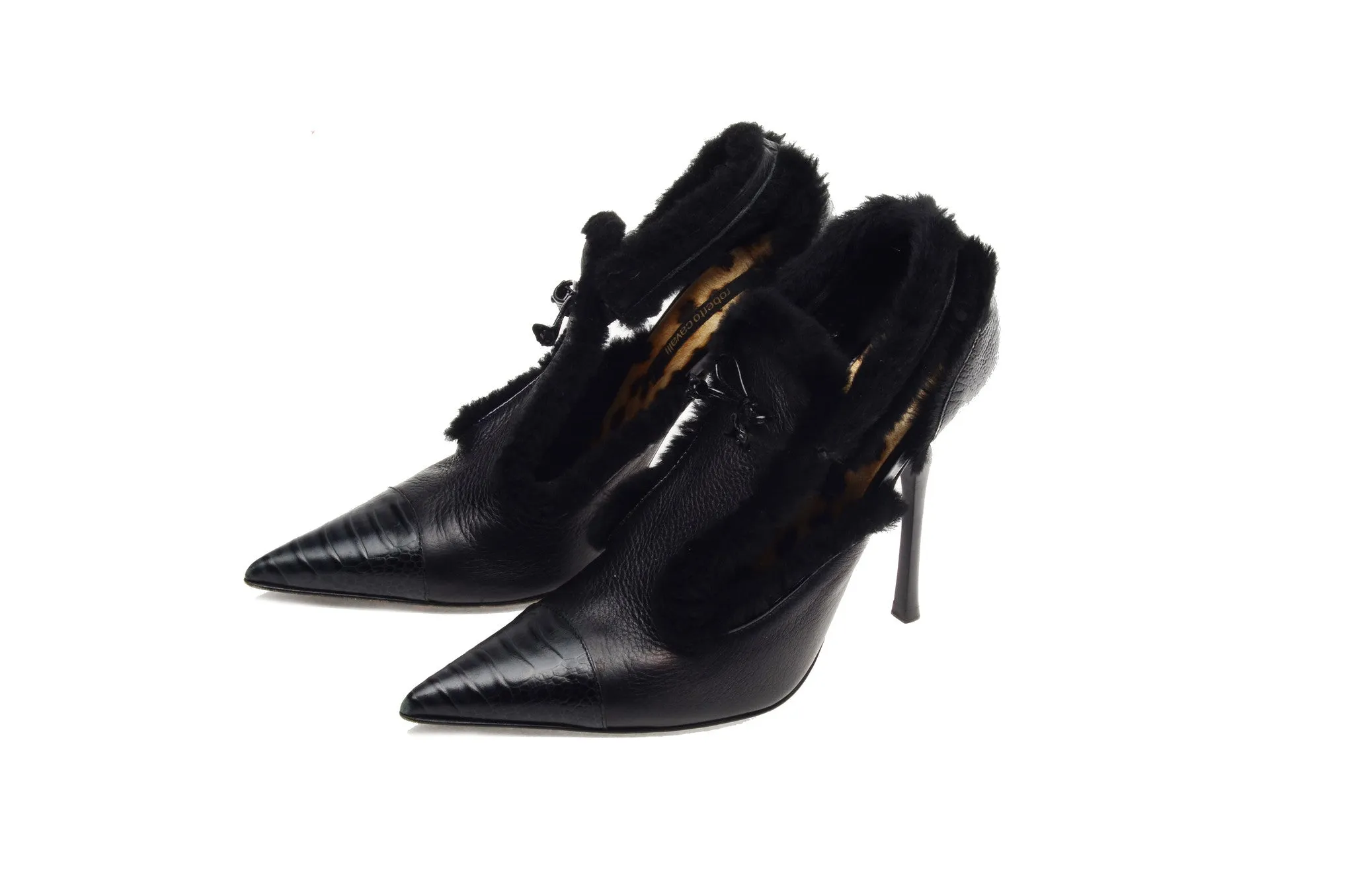 Roberto Cavalli - Black Leather Pointed Toe Heels with Fur Trim - IT 39