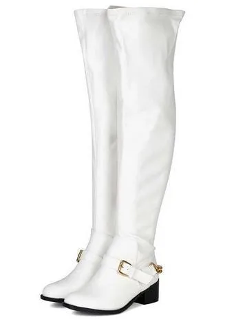 White Ankle Chain Buckle Thigh High Riding Boot